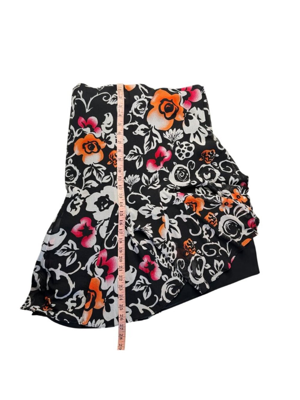Chico's 100% Silk Black Floral Midi Skirt Size 1 Godet Flutter Hem A-Line Medium - Picture 9 of 9
